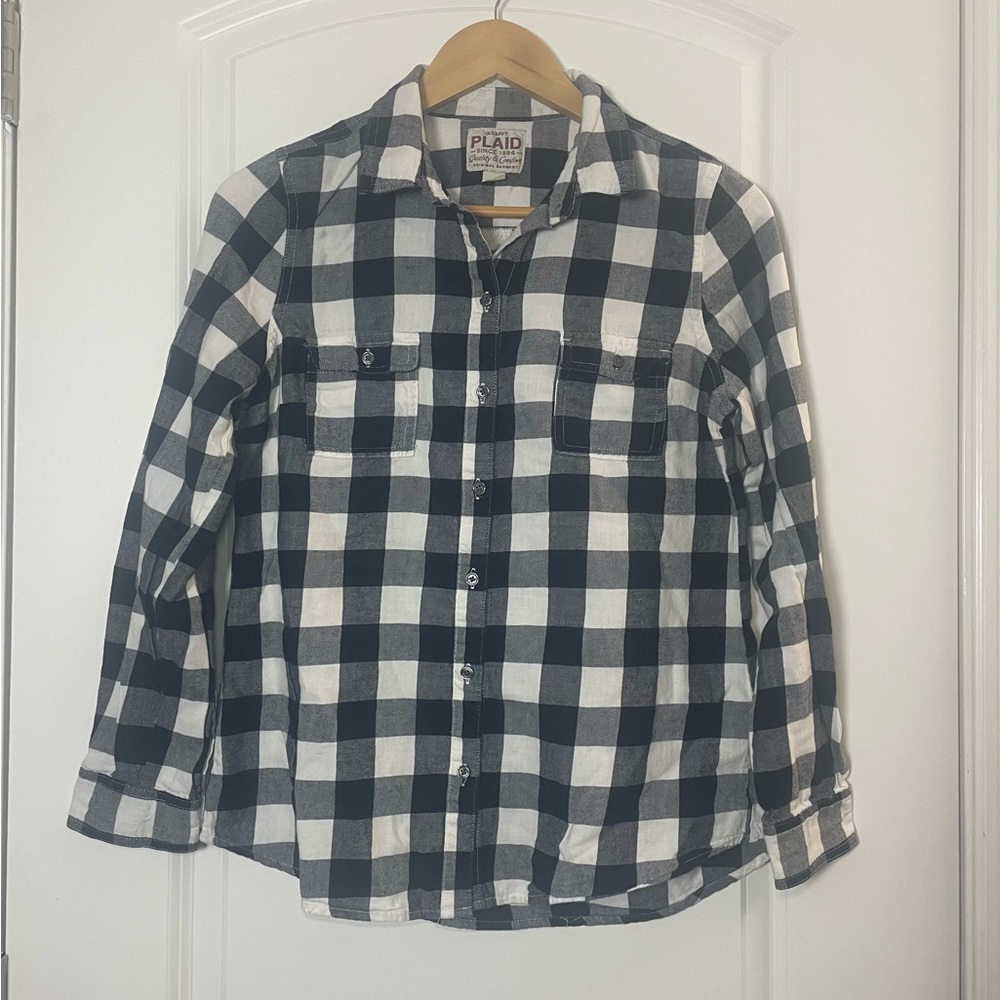 Old Navy Plaid Shirt Small Black White Buffalo Check Button Down Casual Women